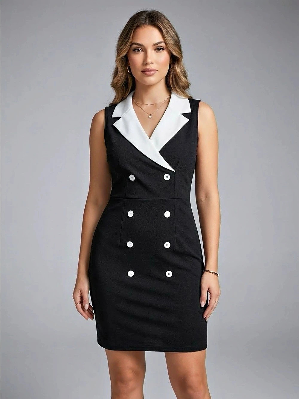 Chic Double Breasted Sleeveless Blazer Dress Blazer Dress Black